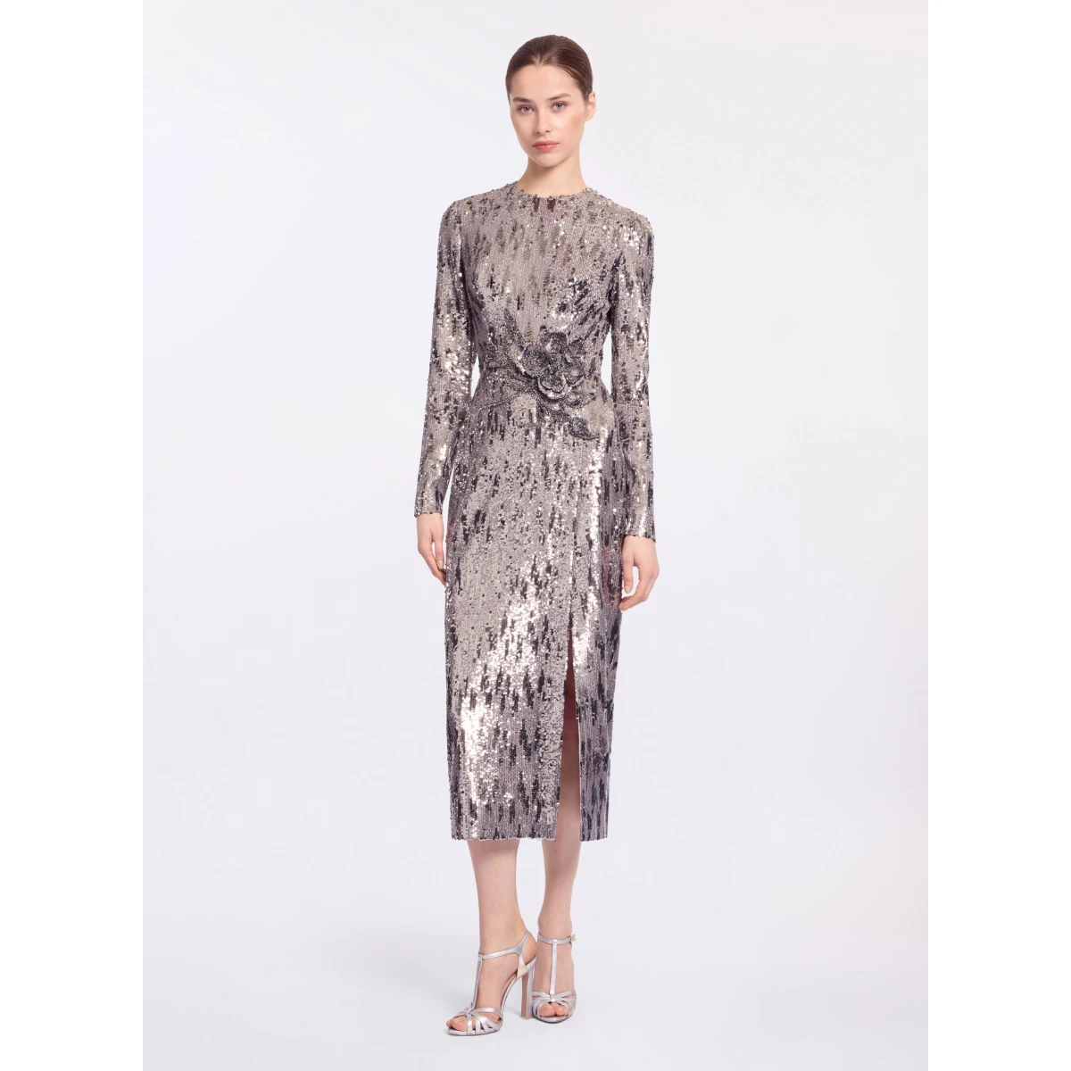 Elie Saab Embellished Sequins Long Dress in Silver featuring Floral Applique on Sequins – Luxury Designer Fashion at Coveti.