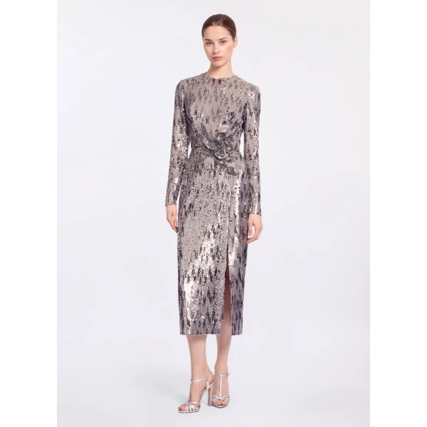 Elie Saab Embellished Sequins Long Dress in Silver featuring Floral Applique on Sequins – Luxury Designer Fashion at Coveti.