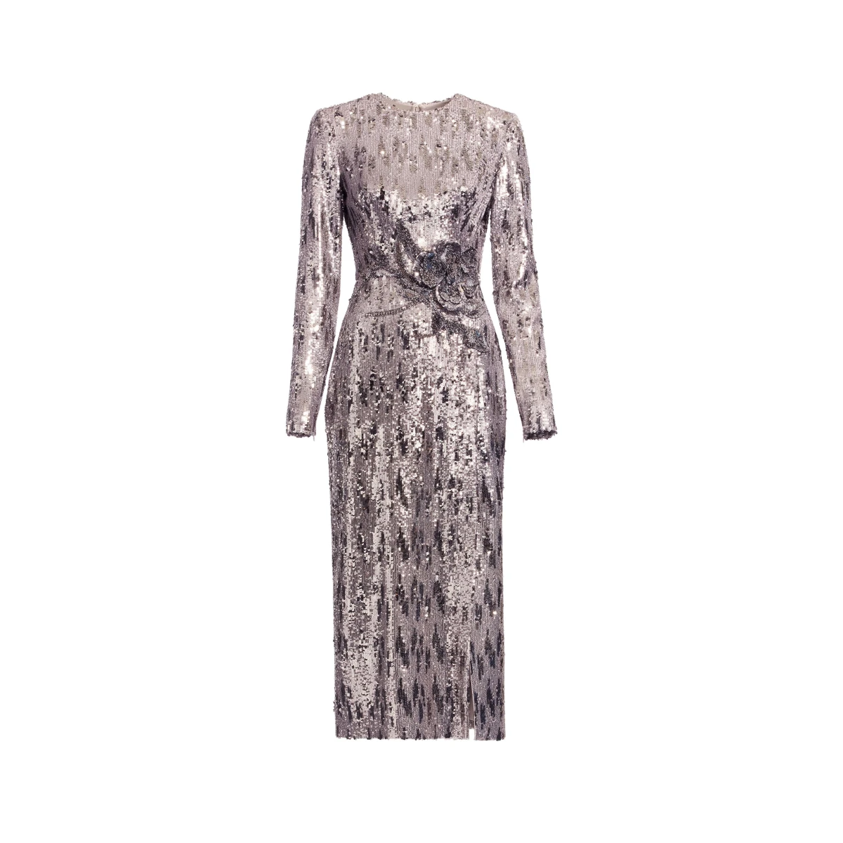 Elie Saab Embellished Sequins Long Dress in Silver featuring Floral Applique on Sequins – Luxury Designer Fashion at Coveti.
