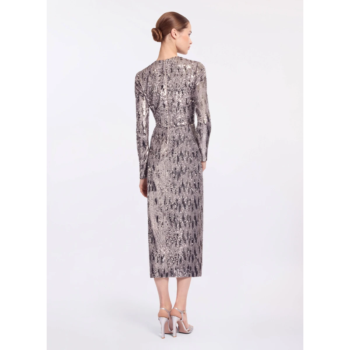 Elie Saab Embellished Sequins Long Dress in Silver featuring Floral Applique on Sequins – Luxury Designer Fashion at Coveti.