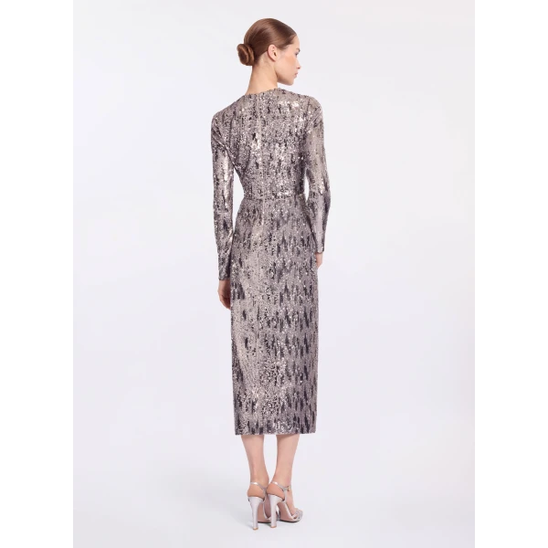 Elie Saab Embellished Sequins Long Dress in Silver featuring Floral Applique on Sequins – Luxury Designer Fashion at Coveti.