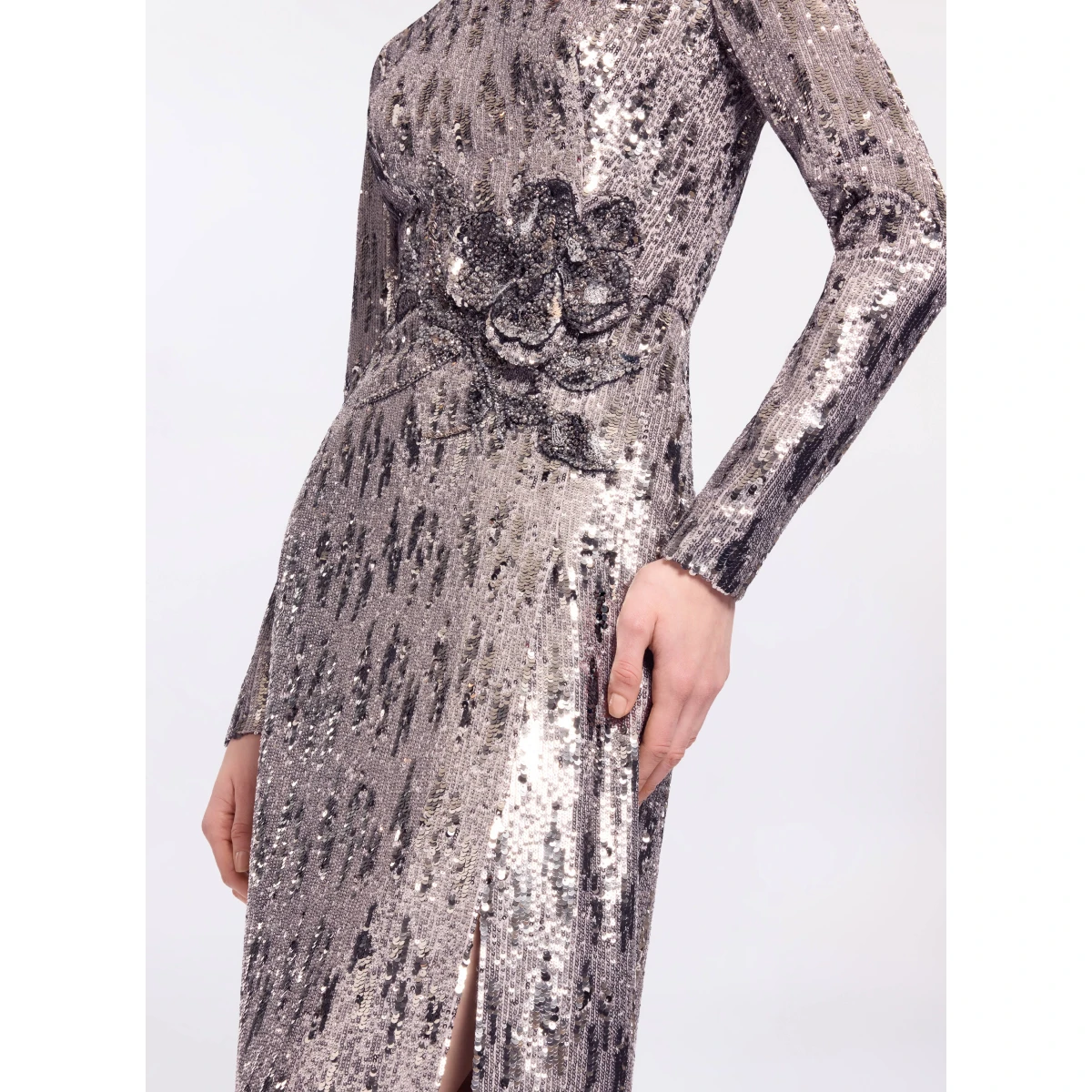 Elie Saab Embellished Sequins Long Dress in Silver featuring Floral Applique on Sequins – Luxury Designer Fashion at Coveti.