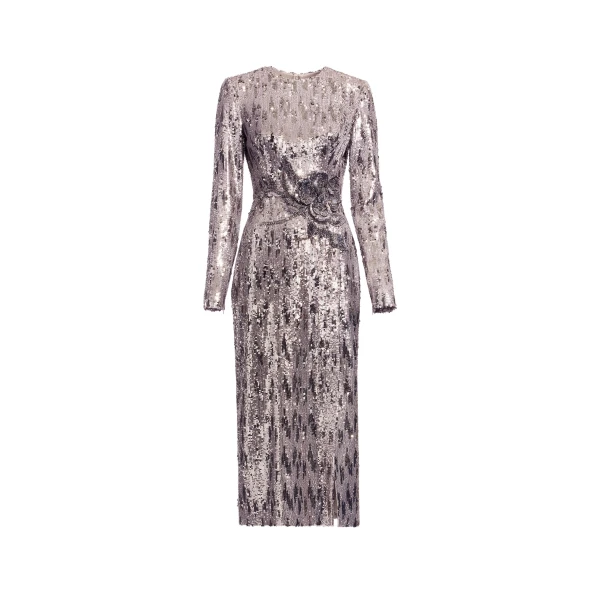 Elie Saab Embellished Sequins Long Dress in Silver featuring Floral Applique on Sequins – Luxury Designer Fashion at Coveti.