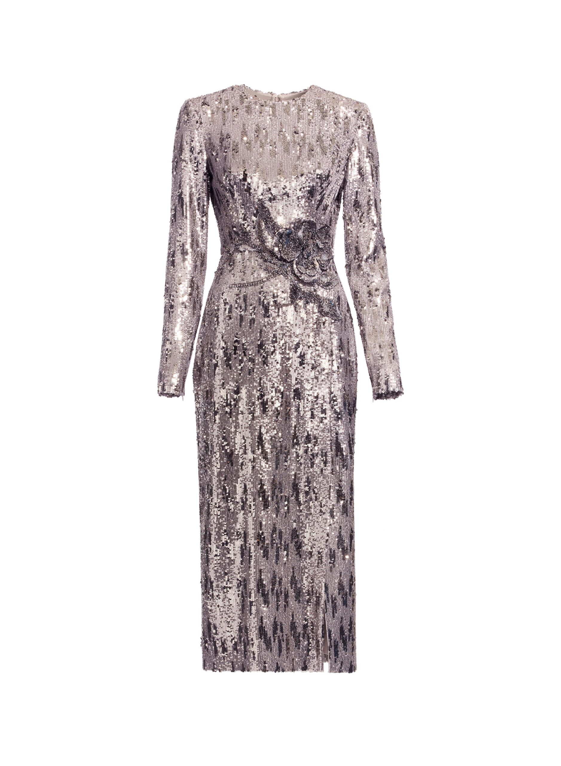 Elie Saab Embellished Sequins Long Dress in Silver featuring Floral Applique on Sequins – Luxury Designer Fashion at Coveti.