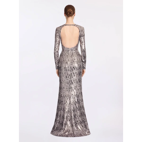 Elie Saab Embellished Sequins Open-Back Dress in Silver featuring Floral Applique on Sequins – Luxury Designer Fashion at Coveti.