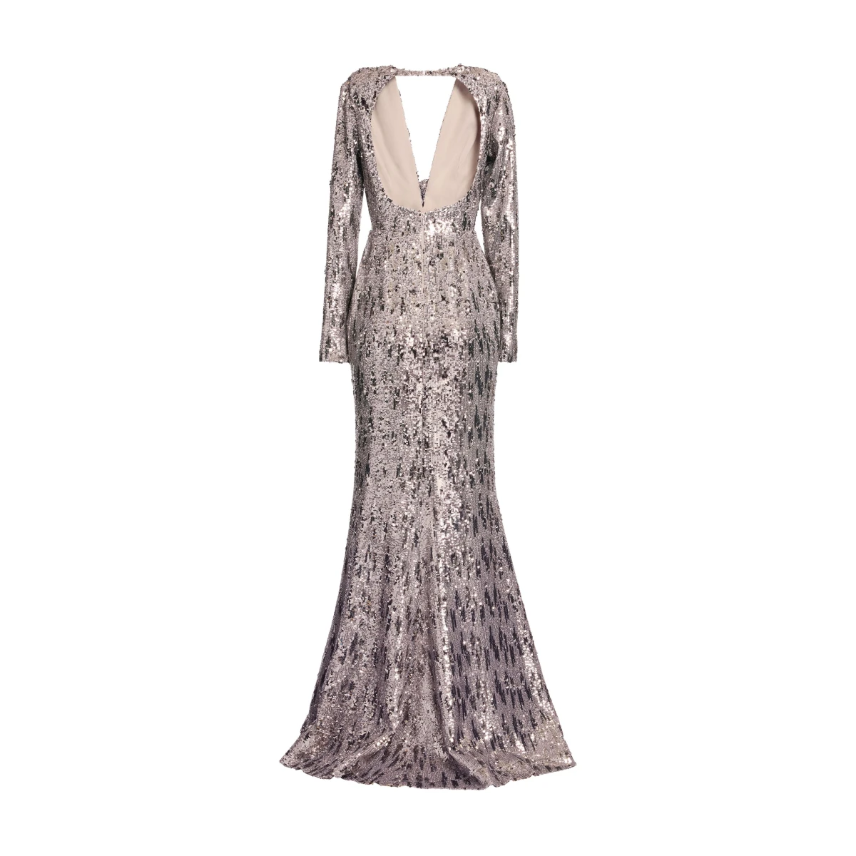 Elie Saab Embellished Sequins Open-Back Dress in Silver featuring Floral Applique on Sequins – Luxury Designer Fashion at Coveti.