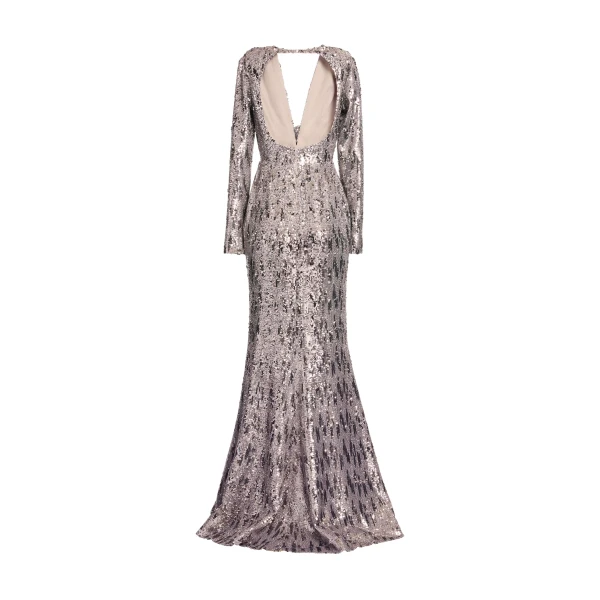 Elie Saab Embellished Sequins Open-Back Dress in Silver featuring Floral Applique on Sequins – Luxury Designer Fashion at Coveti.