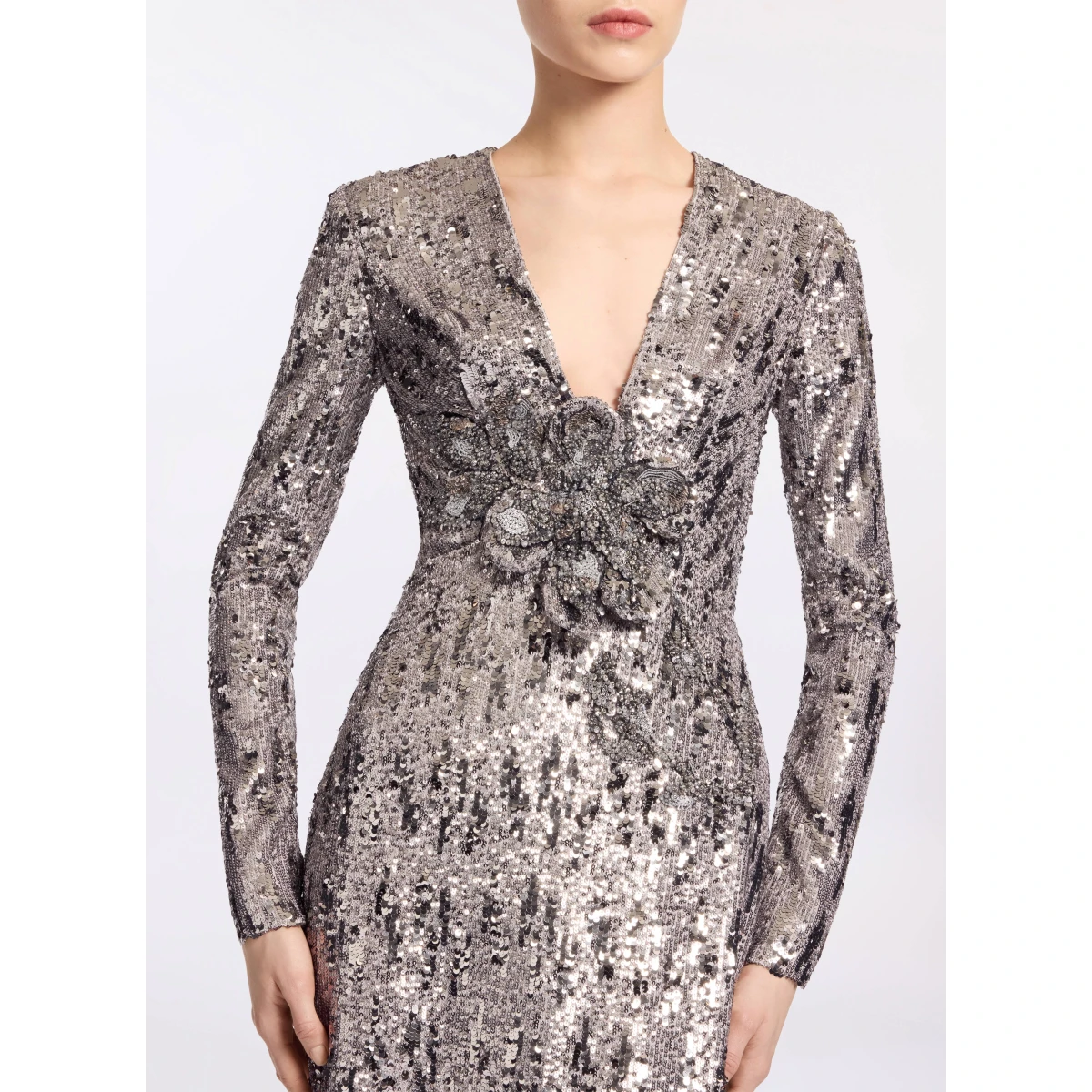 Elie Saab Embellished Sequins Open-Back Dress in Silver featuring Floral Applique on Sequins – Luxury Designer Fashion at Coveti.