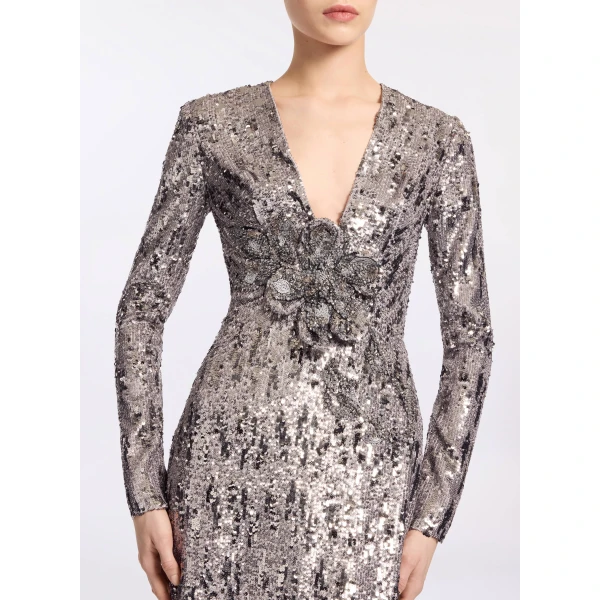 Elie Saab Embellished Sequins Open-Back Dress in Silver featuring Floral Applique on Sequins – Luxury Designer Fashion at Coveti.