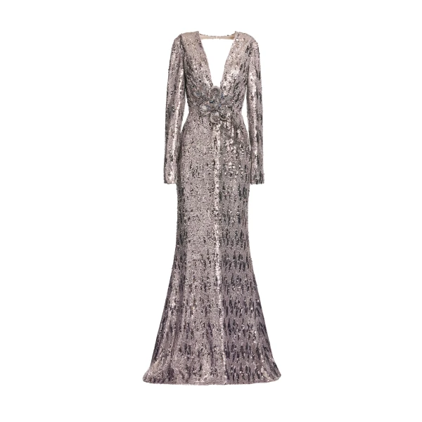 Elie Saab Embellished Sequins Open-Back Dress in Silver featuring Floral Applique on Sequins – Luxury Designer Fashion at Coveti.