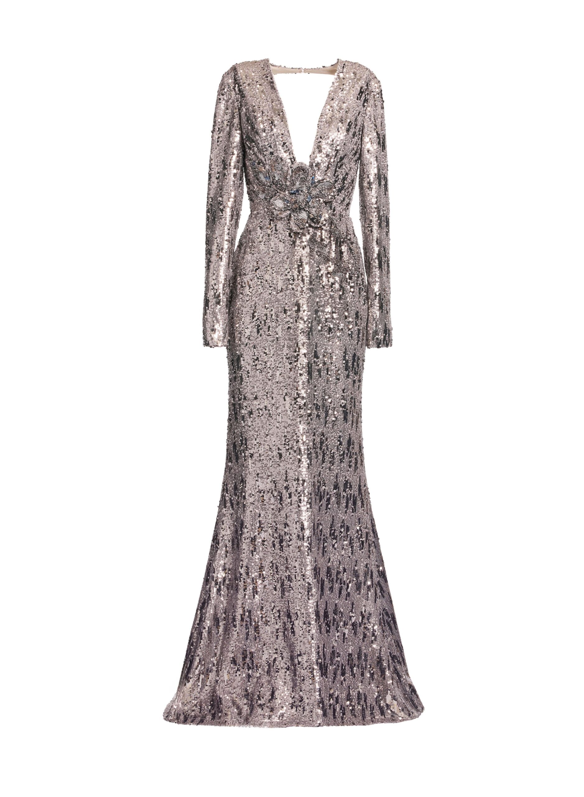 Elie Saab Embellished Sequins Open-Back Dress in Silver featuring Floral Applique on Sequins – Luxury Designer Fashion at Coveti.