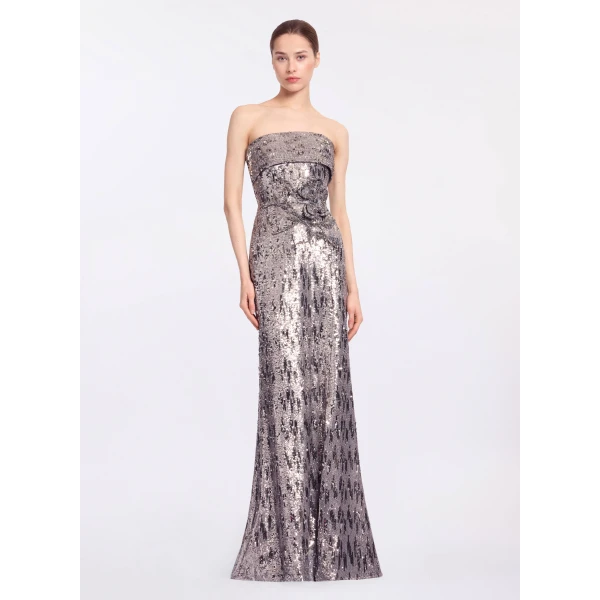 Elie Saab Embellished Sequins Strapless Gown in Silver featuring Floral Applique on Sequins – Luxury Designer Fashion at Coveti.