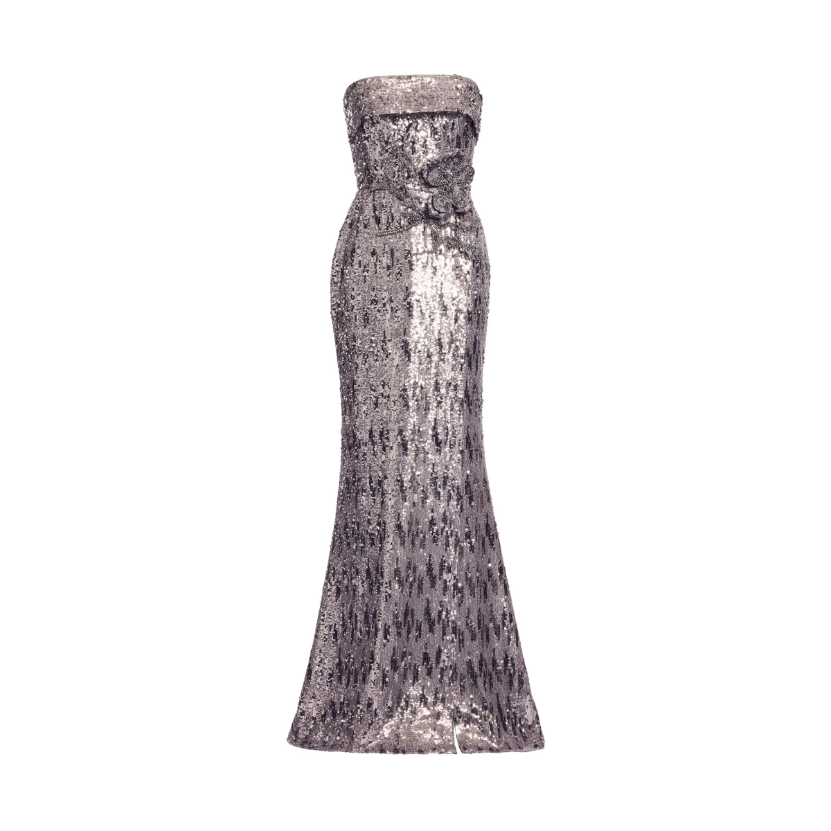 Elie Saab Embellished Sequins Strapless Gown in Silver featuring Floral Applique on Sequins – Luxury Designer Fashion at Coveti.