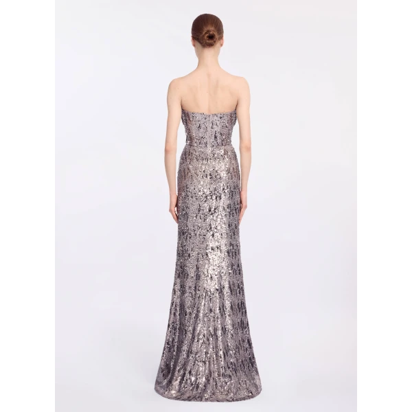 Elie Saab Embellished Sequins Strapless Gown in Silver featuring Floral Applique on Sequins – Luxury Designer Fashion at Coveti.