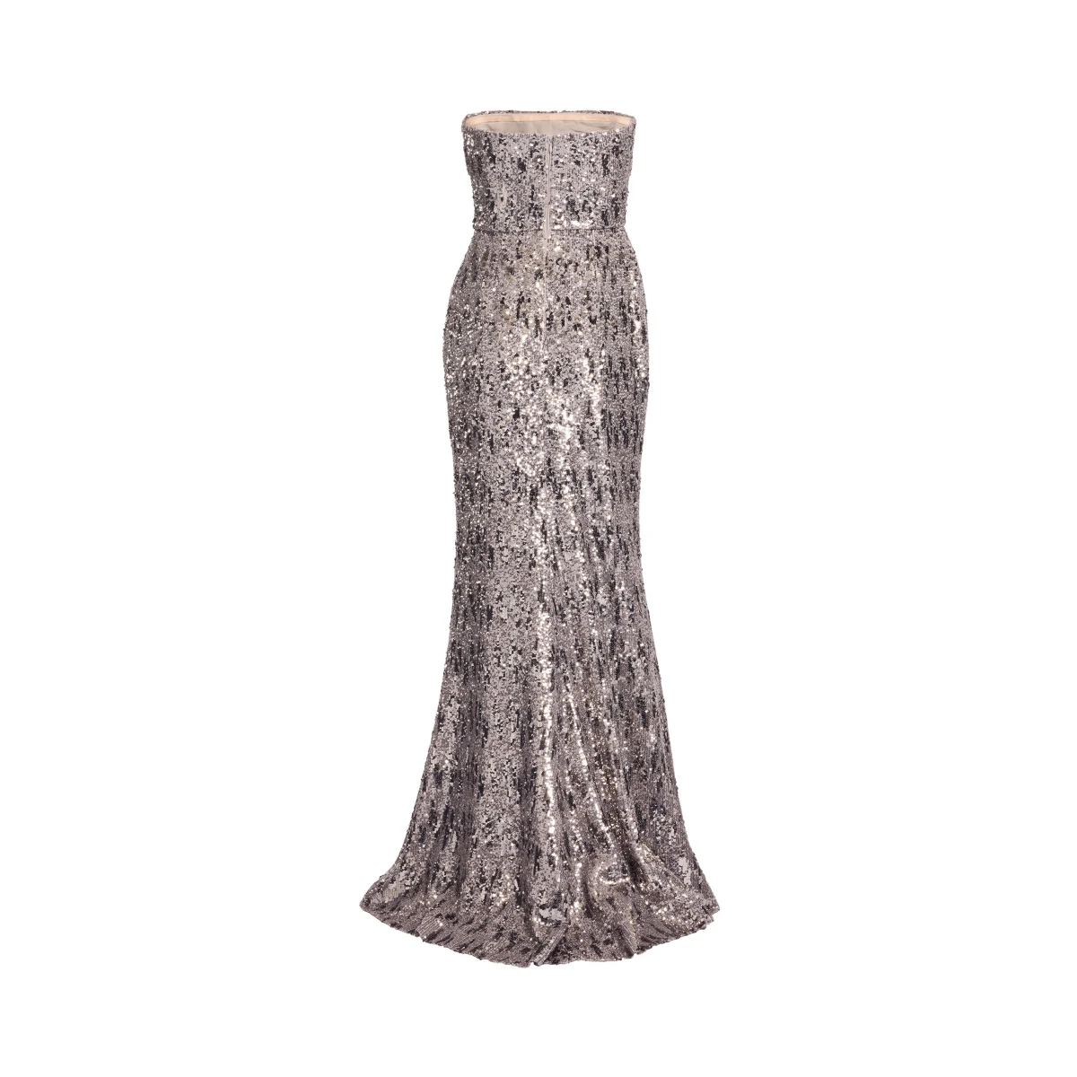Elie Saab Embellished Sequins Strapless Gown in Silver featuring Floral Applique on Sequins – Luxury Designer Fashion at Coveti.