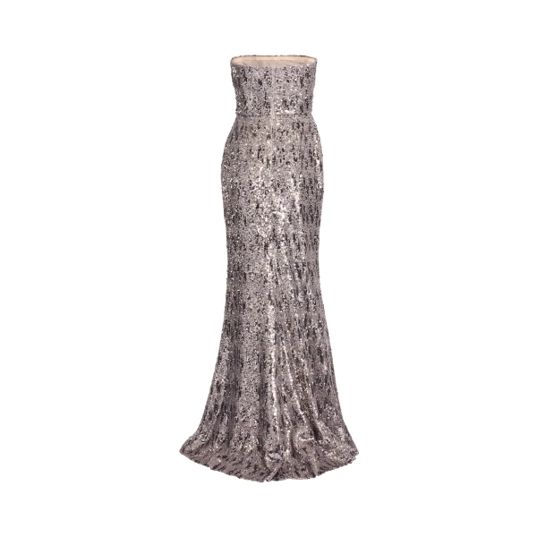 Elie Saab Embellished Sequins Strapless Gown in Silver featuring Floral Applique on Sequins – Luxury Designer Fashion at Coveti.