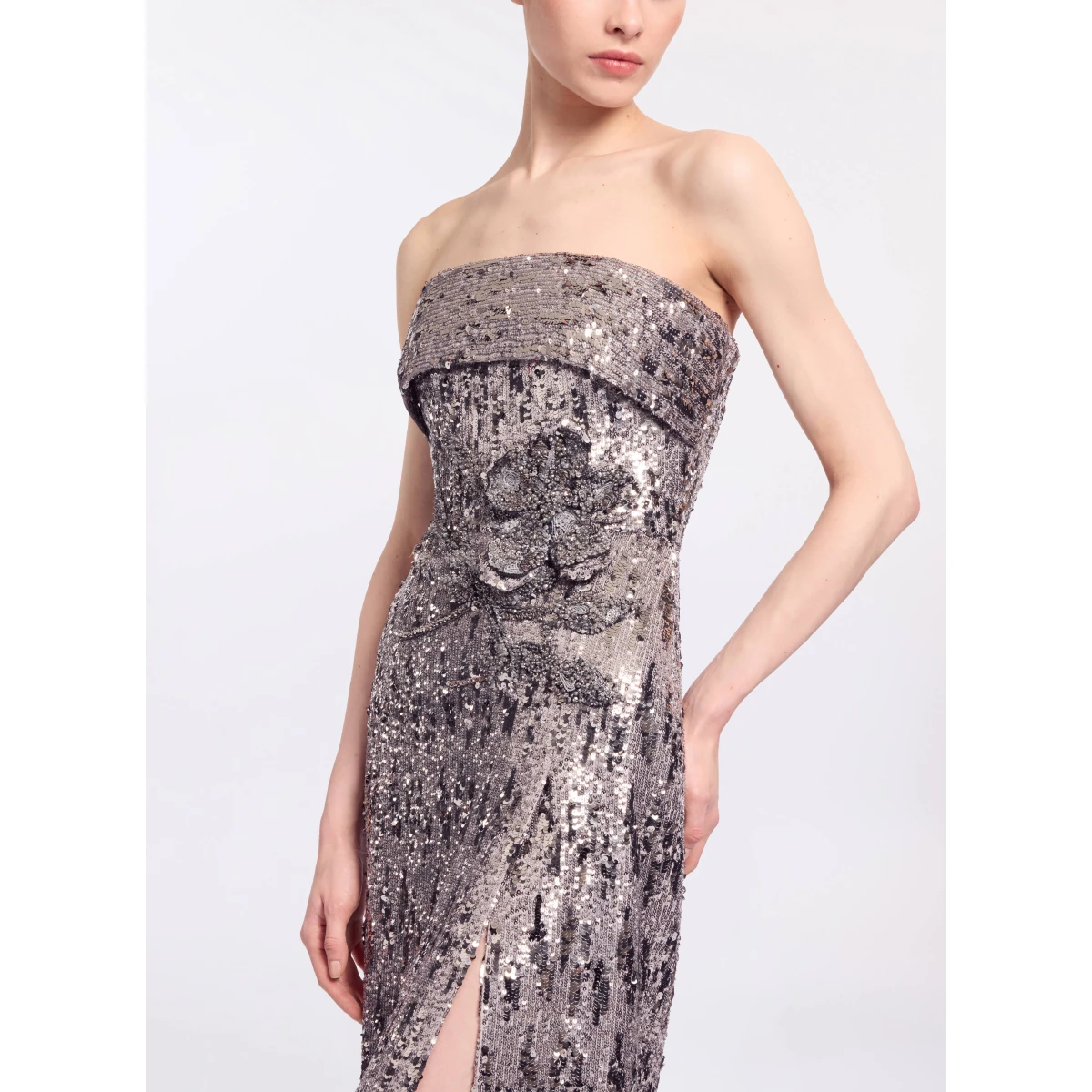 Elie Saab Embellished Sequins Strapless Gown in Silver featuring Floral Applique on Sequins – Luxury Designer Fashion at Coveti.