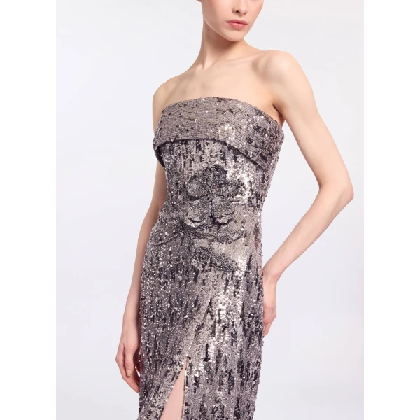 Elie Saab Embellished Sequins Strapless Gown in Silver featuring Floral Applique on Sequins – Luxury Designer Fashion at Coveti.