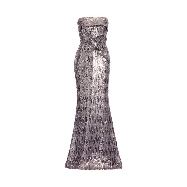 Elie Saab Embellished Sequins Strapless Gown in Silver featuring Floral Applique on Sequins – Luxury Designer Fashion at Coveti.