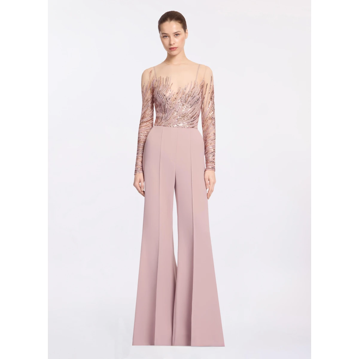 Elie Saab Embroidered Tulle And Cady Jumpsuit in Pink featuring Embroidered Bodice & Long Sleeves – Luxury Designer Fashion at Coveti.