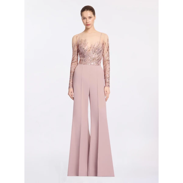 Elie Saab Embroidered Tulle And Cady Jumpsuit in Pink featuring Embroidered Bodice & Long Sleeves – Luxury Designer Fashion at Coveti.