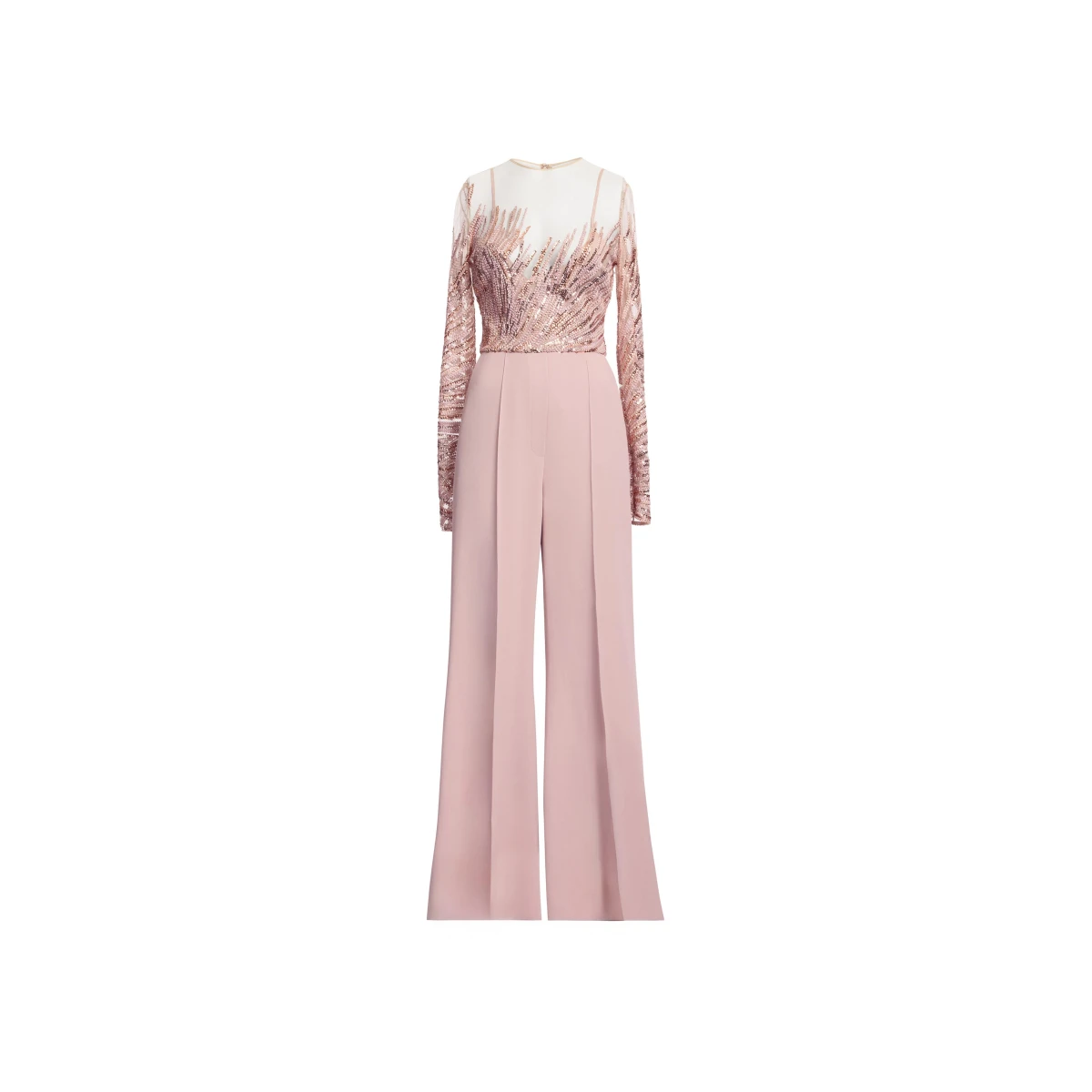 Elie Saab Embroidered Tulle And Cady Jumpsuit in Pink featuring Embroidered Bodice & Long Sleeves – Luxury Designer Fashion at Coveti.