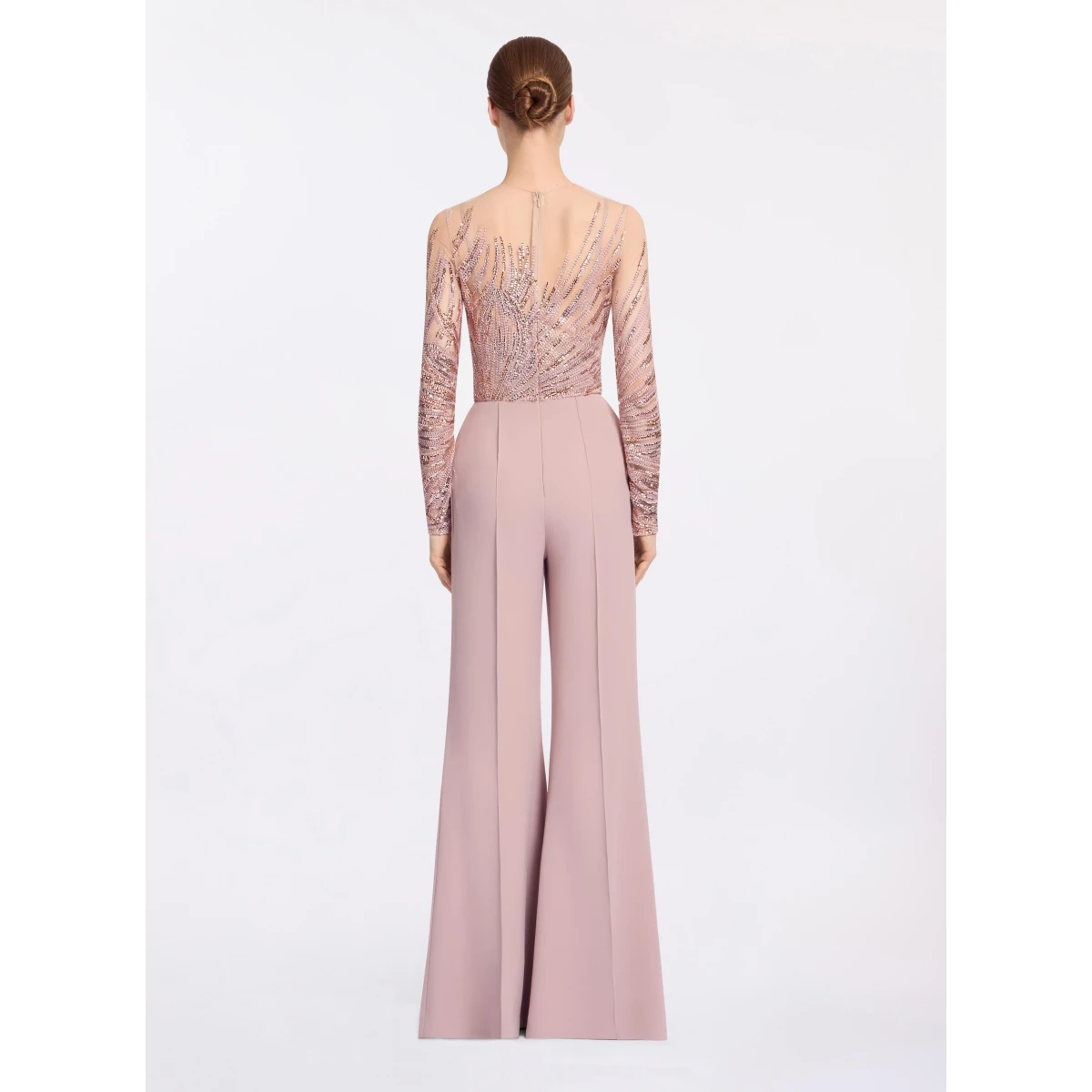 Elie Saab Embroidered Tulle And Cady Jumpsuit in Pink featuring Embroidered Bodice & Long Sleeves – Luxury Designer Fashion at Coveti.