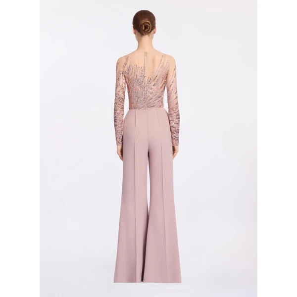 Elie Saab Embroidered Tulle And Cady Jumpsuit in Pink featuring Embroidered Bodice & Long Sleeves – Luxury Designer Fashion at Coveti.