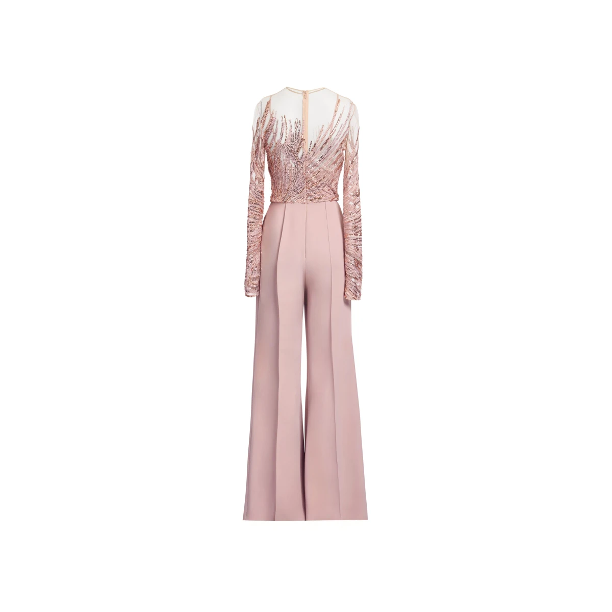 Elie Saab Embroidered Tulle And Cady Jumpsuit in Pink featuring Embroidered Bodice & Long Sleeves – Luxury Designer Fashion at Coveti.