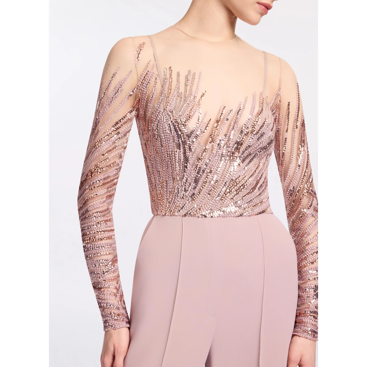 Elie Saab Embroidered Tulle And Cady Jumpsuit in Pink featuring Embroidered Bodice & Long Sleeves – Luxury Designer Fashion at Coveti.