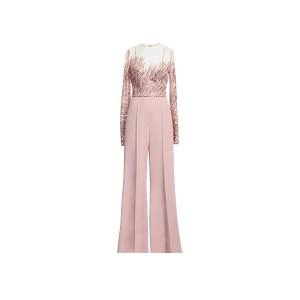 Elie Saab Embroidered Tulle And Cady Jumpsuit in Pink featuring Embroidered Bodice & Long Sleeves – Luxury Designer Fashion at Coveti.