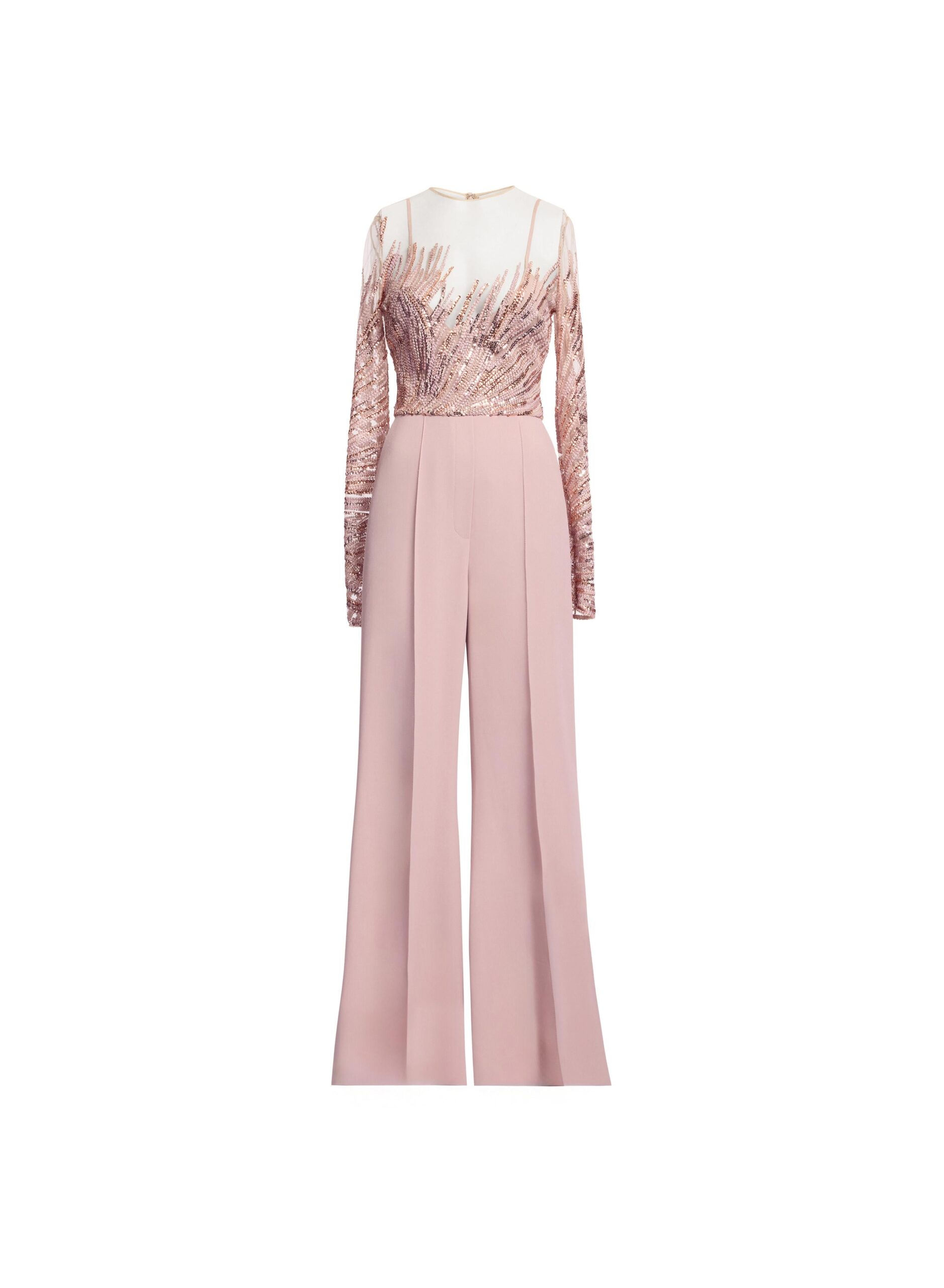 Elie Saab Embroidered Tulle And Cady Jumpsuit in Pink featuring Embroidered Bodice & Long Sleeves – Luxury Designer Fashion at Coveti.