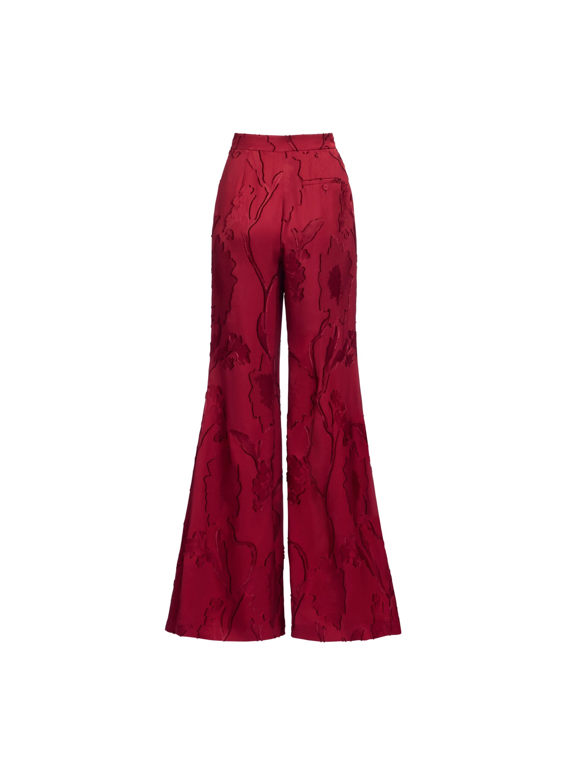 Elie Saab Flared Jacquard Pants in Red featuring High Rise – Luxury Designer Fashion at Coveti.
