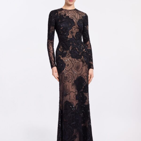 Elie Saab Floral Bead Embroidered Dress in Black featuring Round Neck – Luxury Designer Fashion at Coveti.