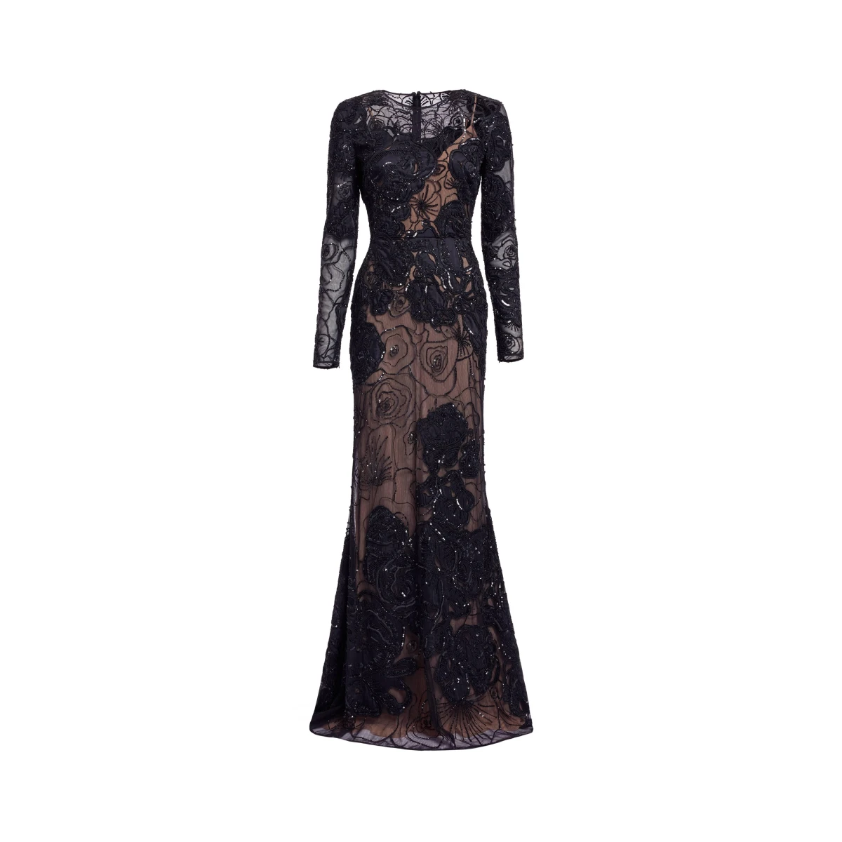 Elie Saab Floral Bead Embroidered Dress in Black featuring Round Neck – Luxury Designer Fashion at Coveti.