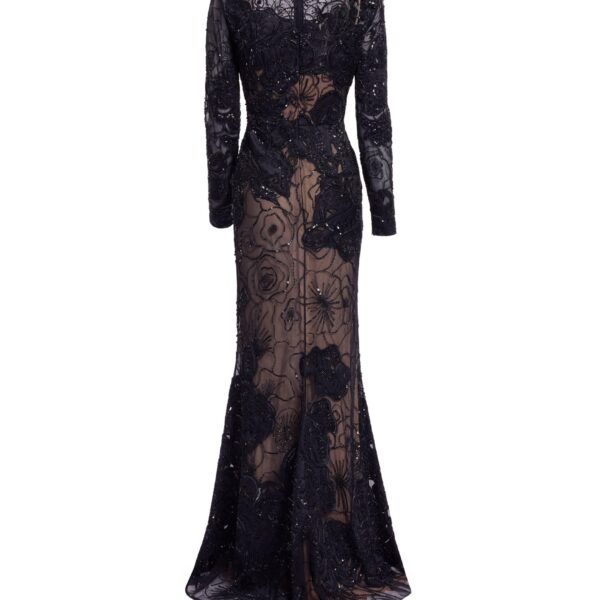 Elie Saab Floral Bead Embroidered Dress in Black featuring Round Neck – Luxury Designer Fashion at Coveti.