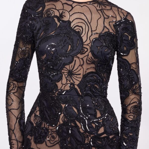 Elie Saab Floral Bead Embroidered Dress in Black featuring Round Neck – Luxury Designer Fashion at Coveti.