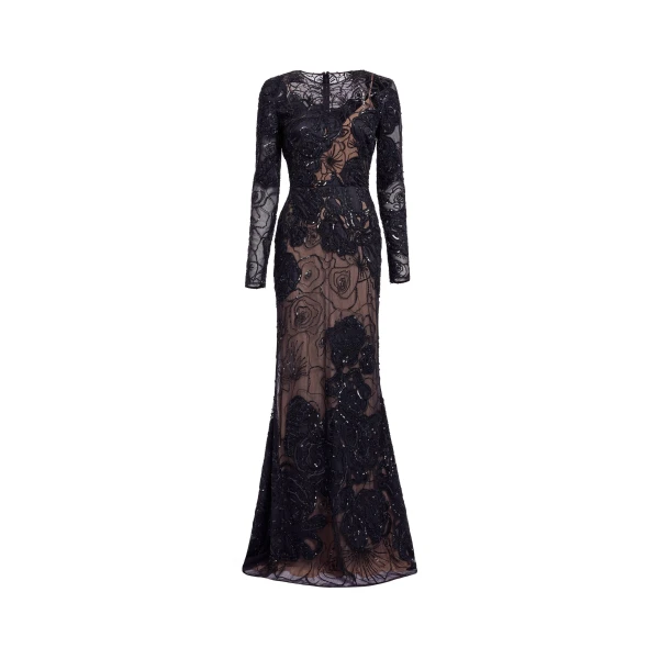Elie Saab Floral Bead Embroidered Dress in Black featuring Round Neck – Luxury Designer Fashion at Coveti.