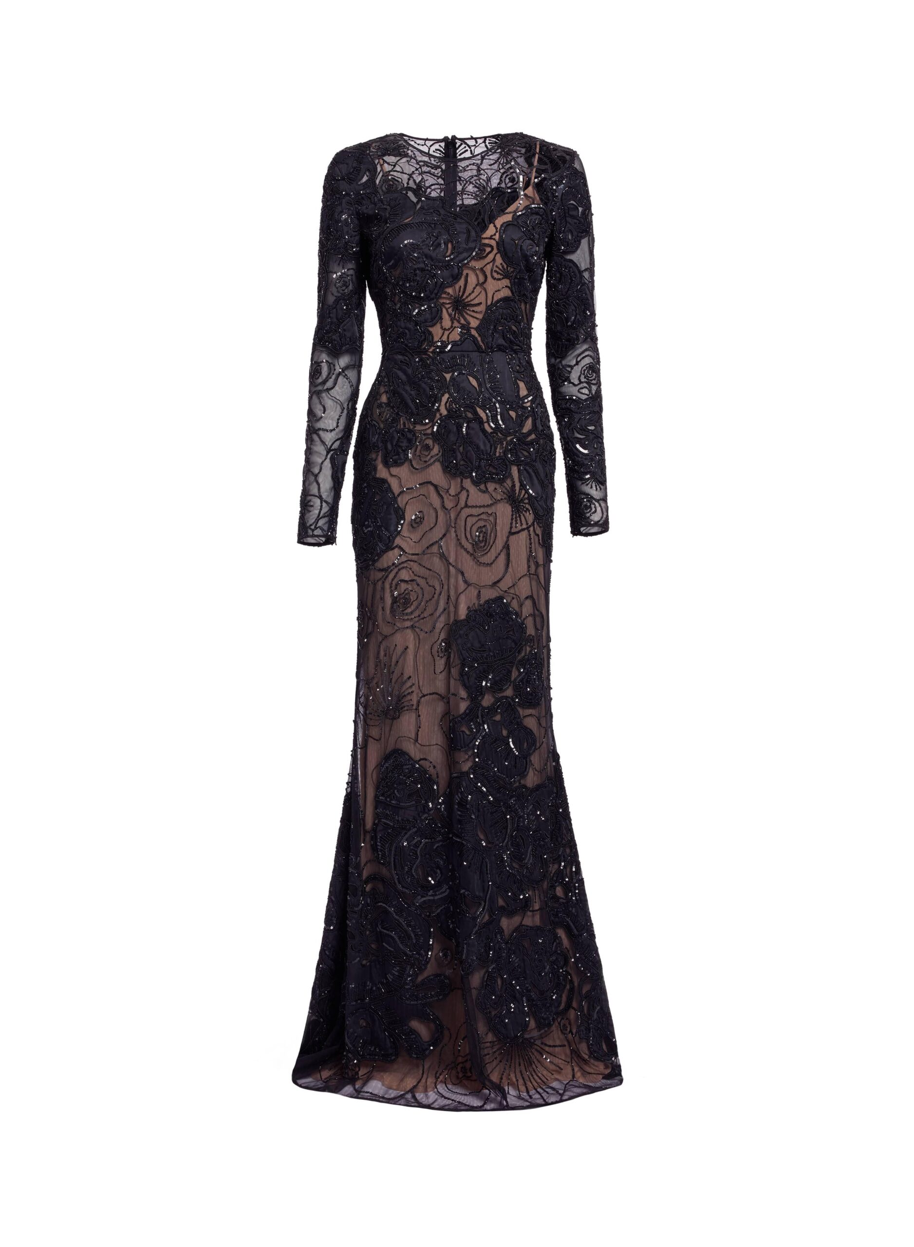 Elie Saab Floral Bead Embroidered Dress in Black featuring Round Neck – Luxury Designer Fashion at Coveti.