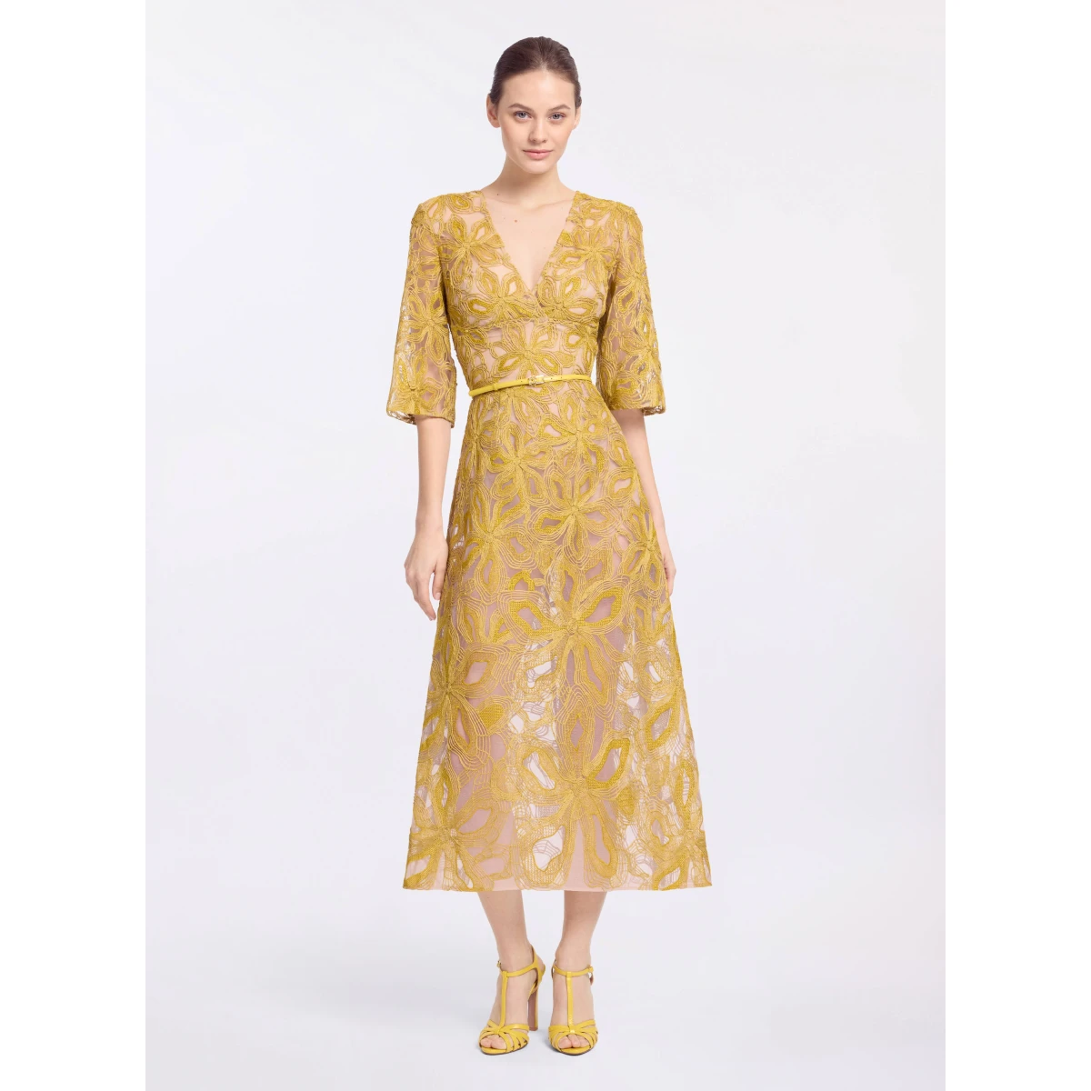 Elie Saab Floral Embroidered Midi Dress in Yellow featuring Floral Yarn Embroidery – Luxury Designer Fashion at Coveti.