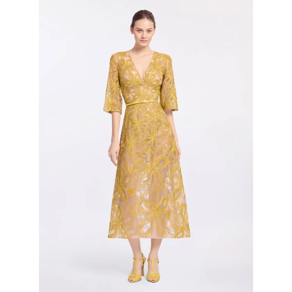 Elie Saab Floral Embroidered Midi Dress in Yellow featuring Floral Yarn Embroidery – Luxury Designer Fashion at Coveti.