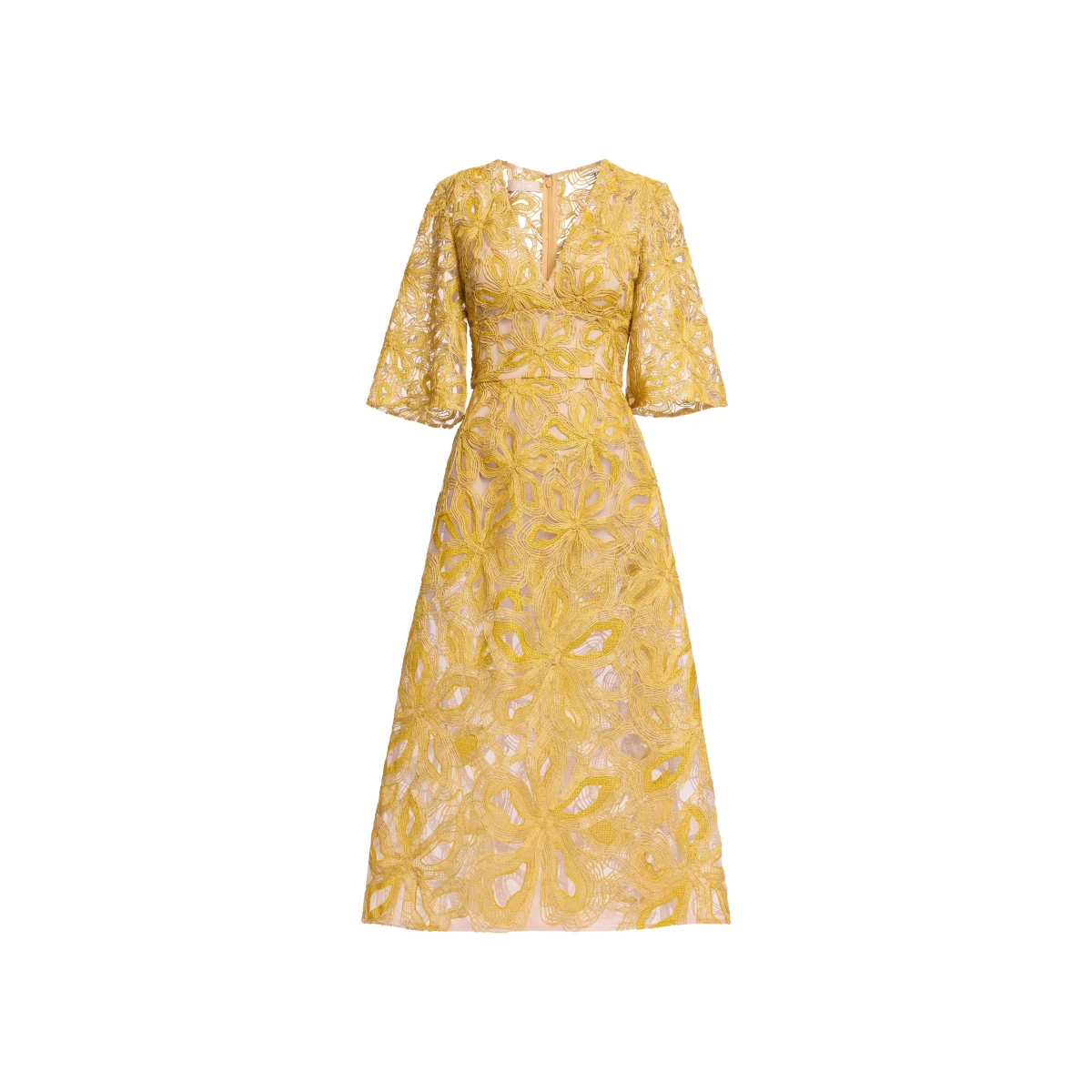 Elie Saab Floral Embroidered Midi Dress in Yellow featuring Floral Yarn Embroidery – Luxury Designer Fashion at Coveti.