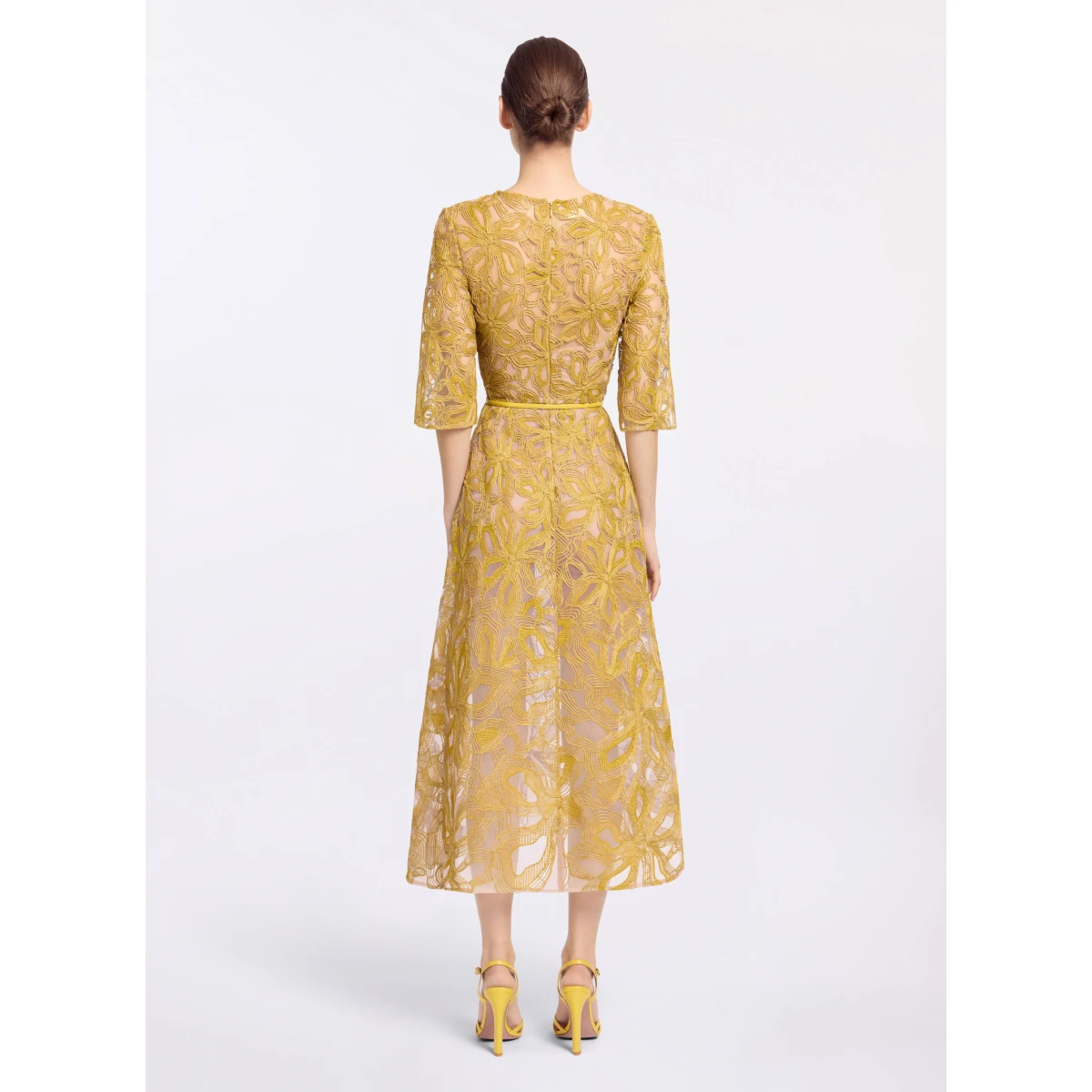 Elie Saab Floral Embroidered Midi Dress in Yellow featuring Floral Yarn Embroidery – Luxury Designer Fashion at Coveti.