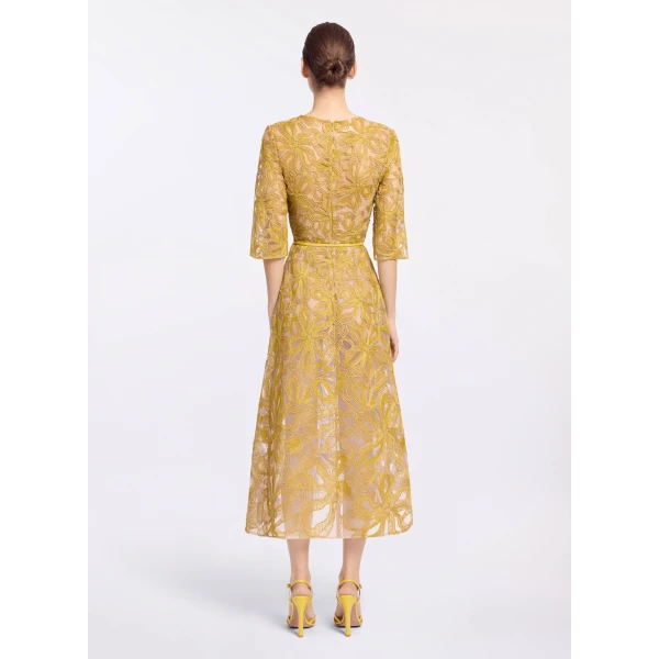 Elie Saab Floral Embroidered Midi Dress in Yellow featuring Floral Yarn Embroidery – Luxury Designer Fashion at Coveti.