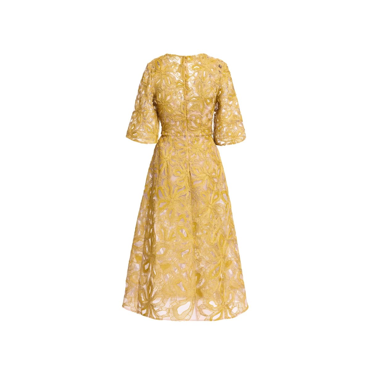 Elie Saab Floral Embroidered Midi Dress in Yellow featuring Floral Yarn Embroidery – Luxury Designer Fashion at Coveti.