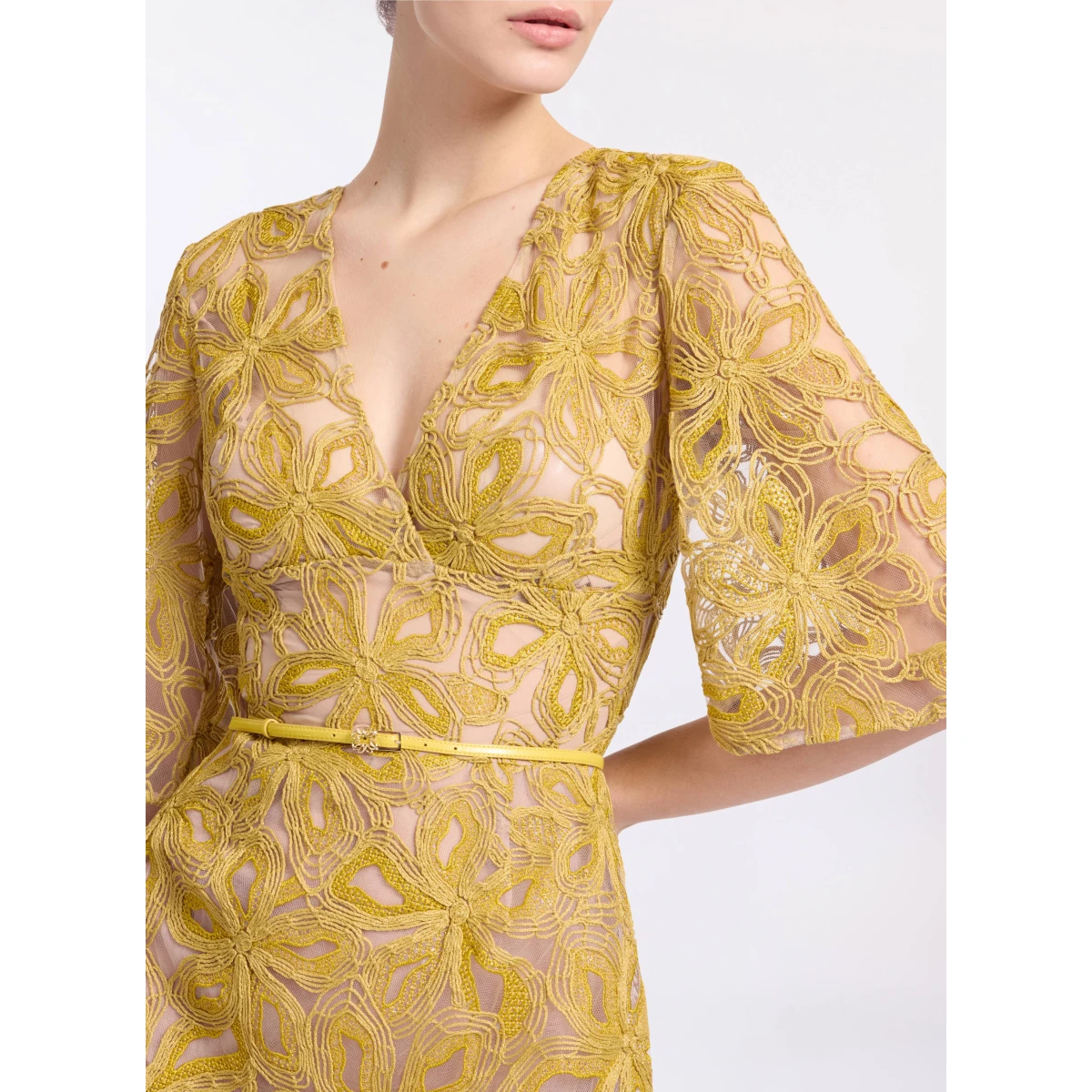 Elie Saab Floral Embroidered Midi Dress in Yellow featuring Floral Yarn Embroidery – Luxury Designer Fashion at Coveti.