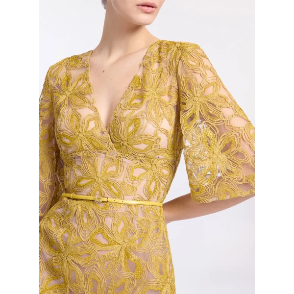 Elie Saab Floral Embroidered Midi Dress in Yellow featuring Floral Yarn Embroidery – Luxury Designer Fashion at Coveti.
