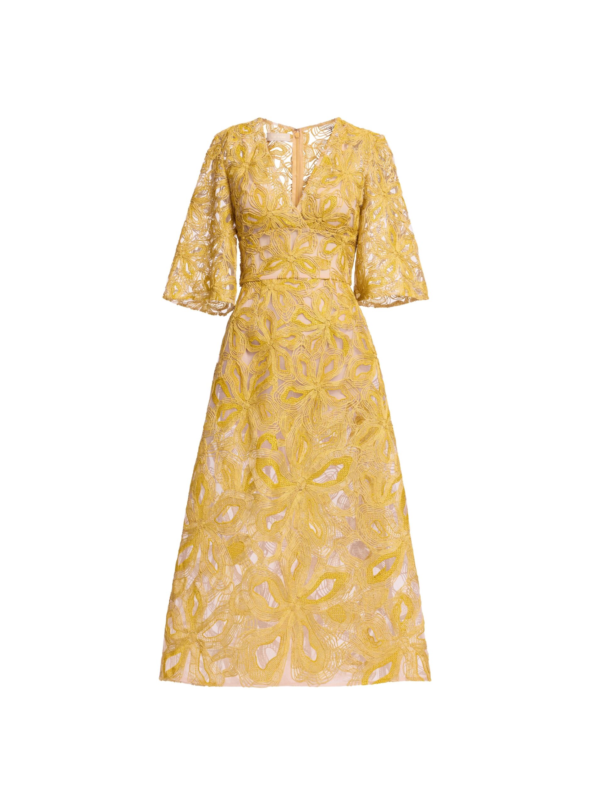 Elie Saab Floral Embroidered Midi Dress in Yellow featuring Floral Yarn Embroidery – Luxury Designer Fashion at Coveti.