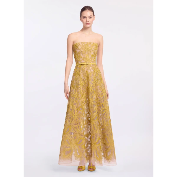 Elie Saab Floral Embroidered Strapless Dress in Yellow featuring Floral Yarn Embroidery – Luxury Designer Fashion at Coveti.