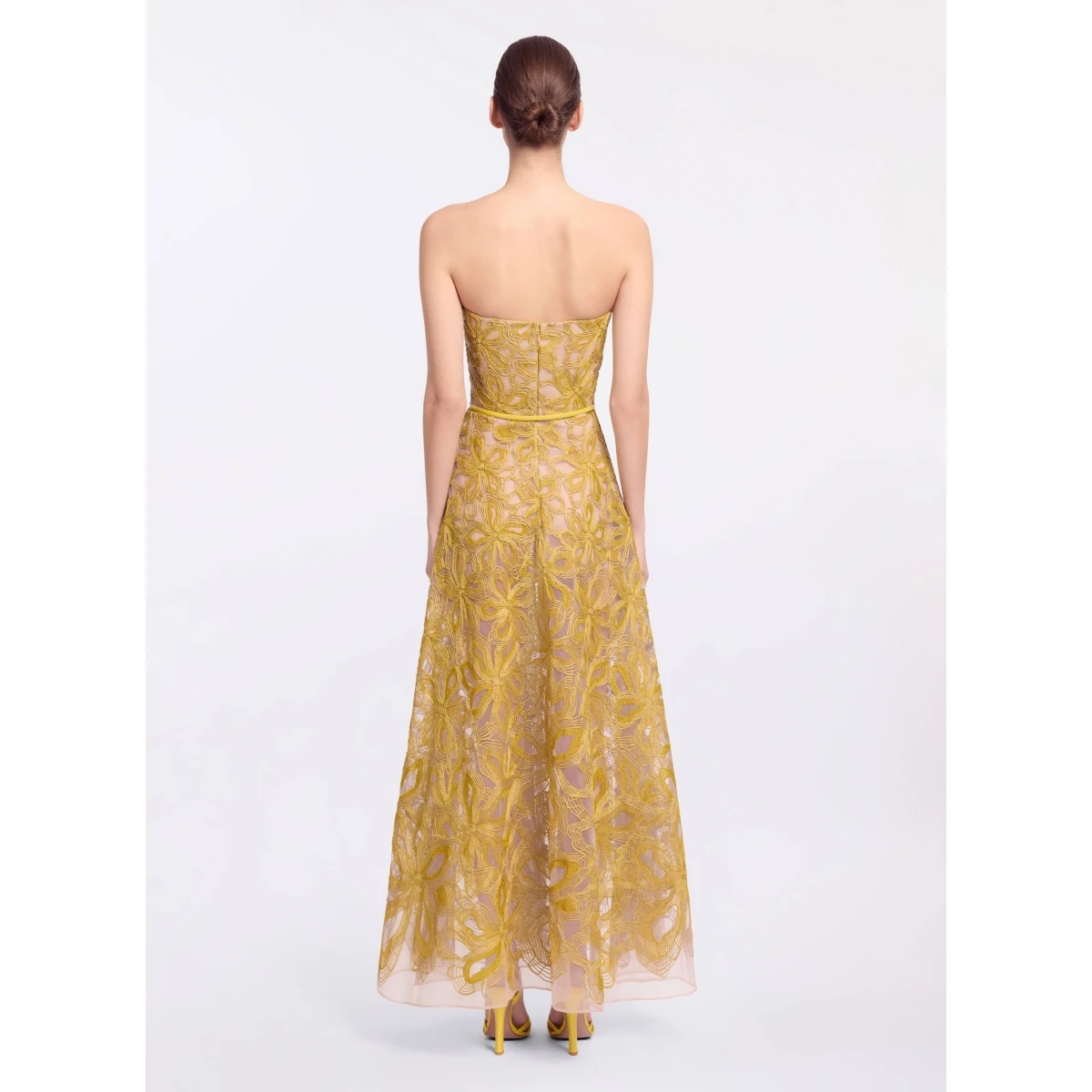 Elie Saab Floral Embroidered Strapless Dress in Yellow featuring Floral Yarn Embroidery – Luxury Designer Fashion at Coveti.